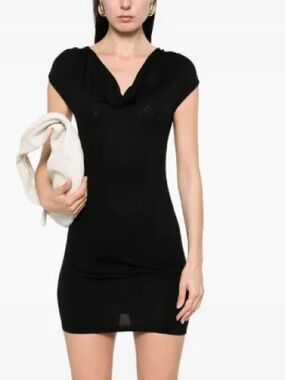 NWT Aya Muse Navi Short Dress Black Stretch Mini Bow Silk Blend Sz XS